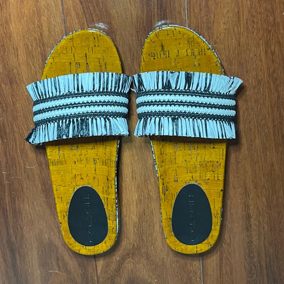 New COACH Blue and White Fringe Raffia Slide Sandals Size 7 - Picture 3 of 9